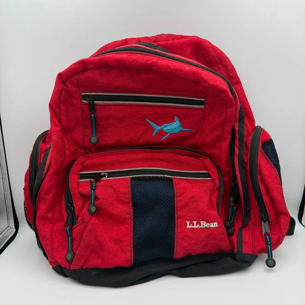 L.L.Bean Kids Backpack Red Black Shark Embroidery Multiple Compartments